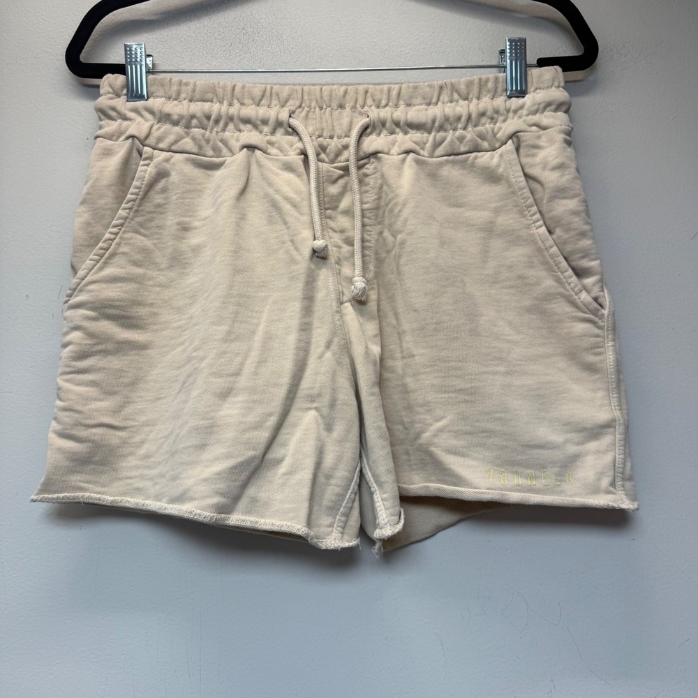 YoungLA Sweat Shorts Mens Medium Beige Fair Raw Hem Heavy Cotton Gym Workout